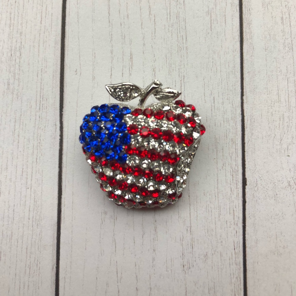 American Flag Apple Rhinestone Pin - Picture 2 of 5